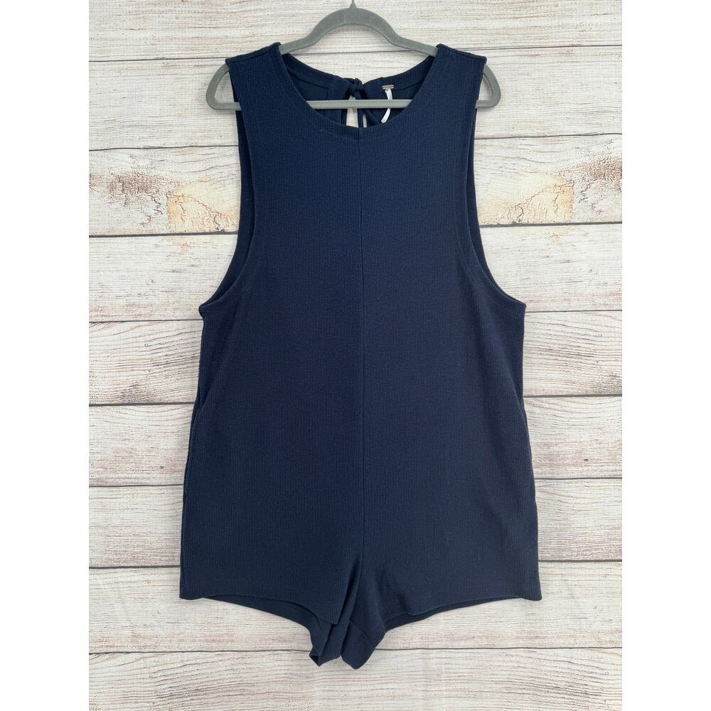 Free People Rib Knit Sleeveless Romper Womens Medium Navy Blue Stretch‎